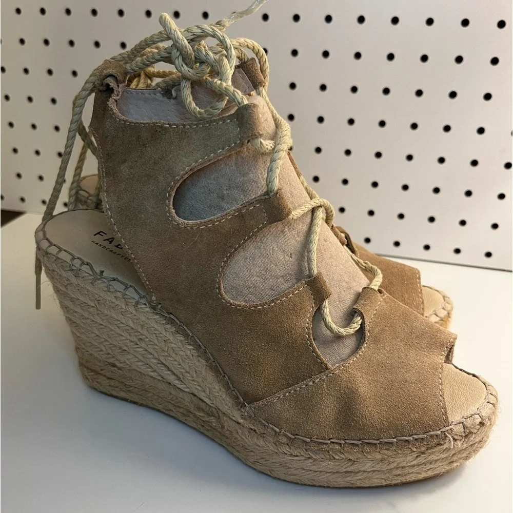 Fabiolas Tan Lace Up Cut Out Wedge Leather Espadrille Sandals